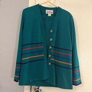 Vintage Ami Knits Size 14 Cardigan Sweater Skirt Set Retro Teal W/ Stripes USA